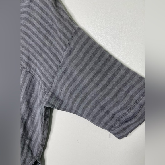XCVI Gray 100% Linen Lagenlook Stripe V-Neck Boxy Loose Baggy Blouse L Comfort - Picture 5 of 9